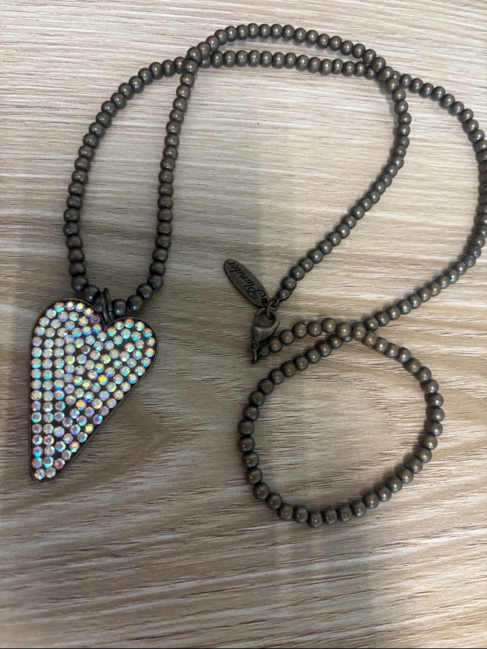 Plunder Iridescent Crystal Heart Pendant Necklace on Antique Silver Beads